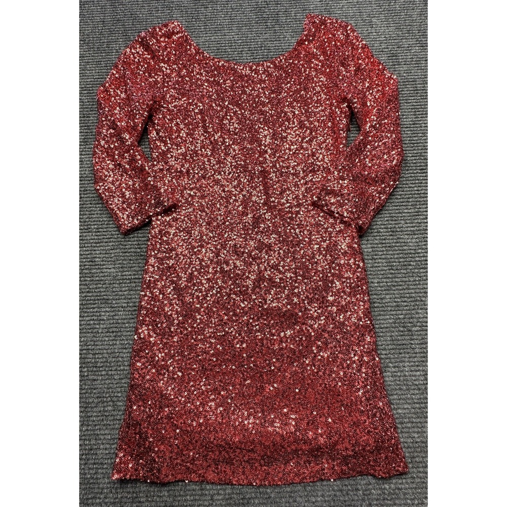Alythea Dress Womens Medium Red Sequin 3/4 Sleeve Scoop Back Sheath Mini Party